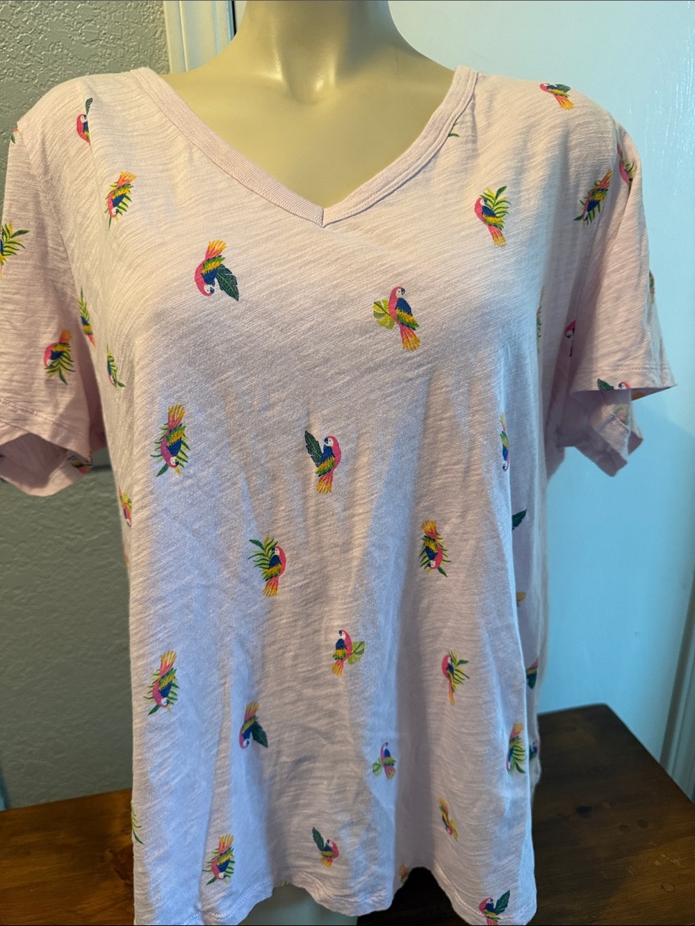 Old Navy Light Pink V-Neck Tee with Colorful Parrot Embroidery